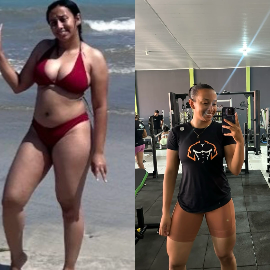 Antes e depois de aluna treinando com Deivson