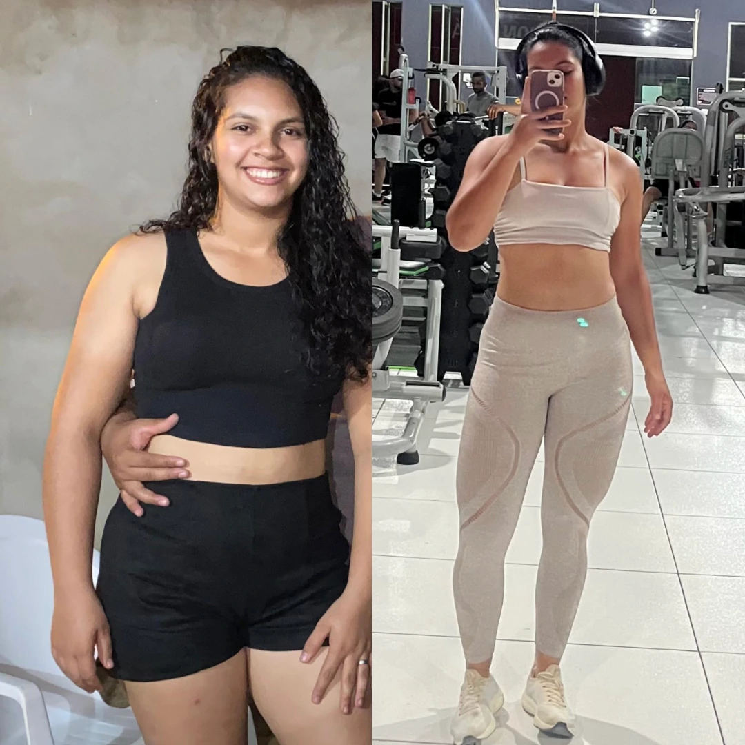 Antes e depois de aluna treinando com Deivson
