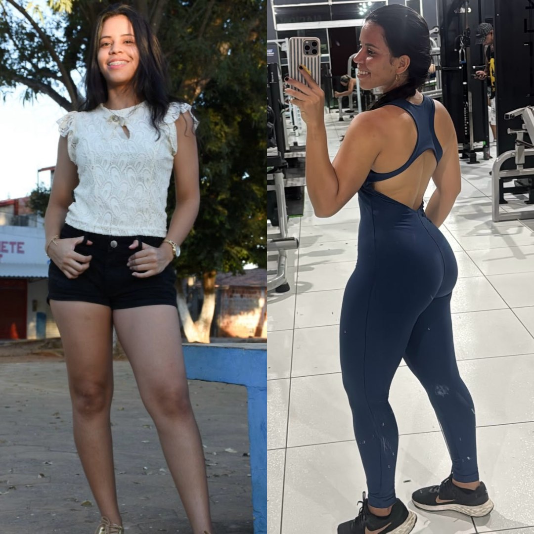 Antes e depois de aluna treinando com Deivson